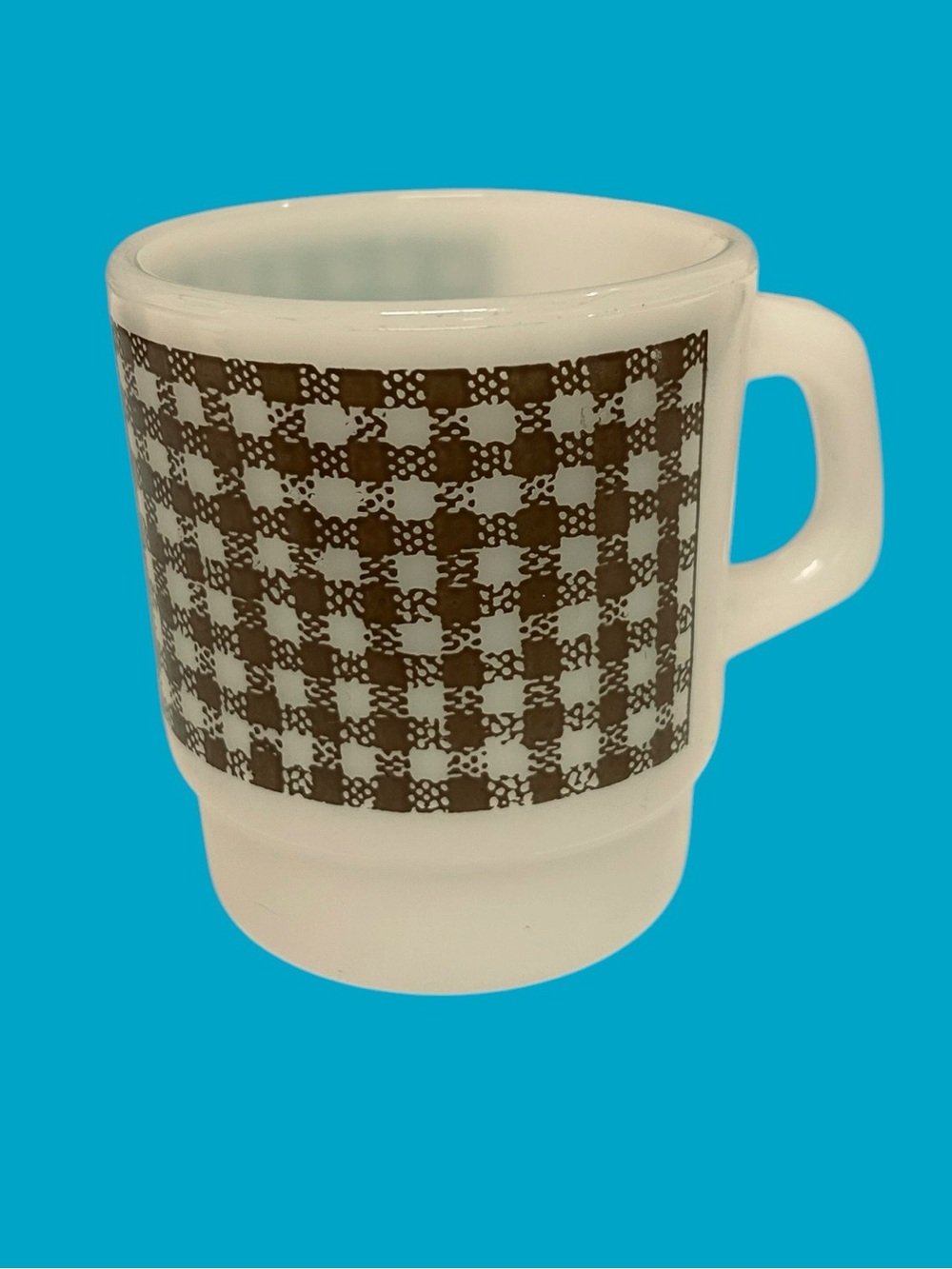 VTG Fire-King Anchor Hocking Green Gingham Milk Glass Mug Stackable